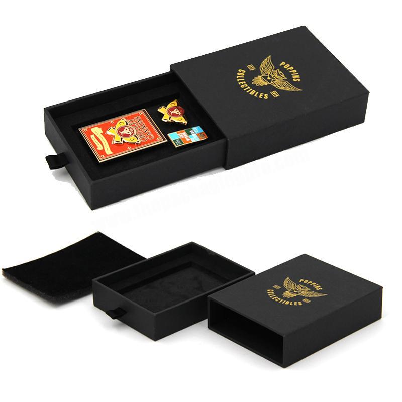 Customized logo printing small gift box badge necklace jewelry drawer gift box black graduation drawer gift box with foam