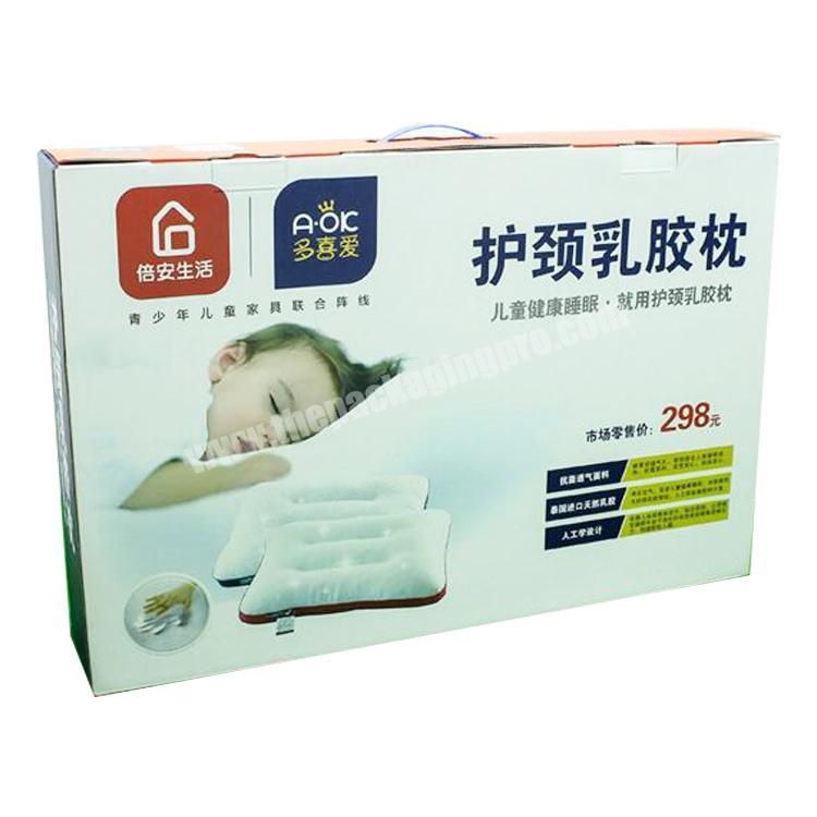 Customized textiles bedding pillow gift packaging corrugated shipping box with plastic handle
