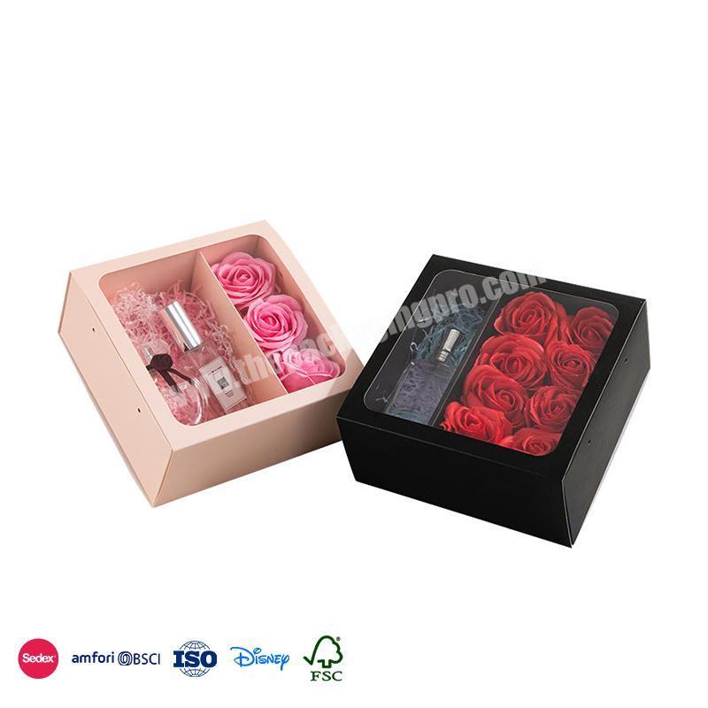 Direct Factory Price Square Transparent Window Design With Gift Compartment Long Ribbon valentine flower box