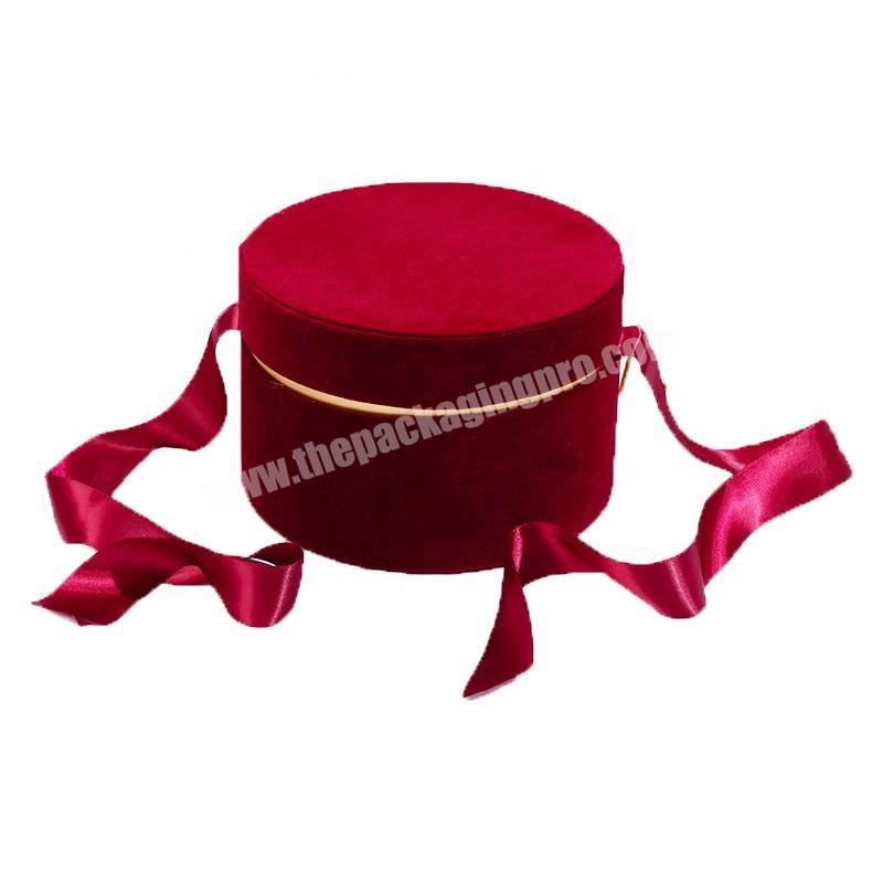 Eco Friendly Luxurious Velvet Red Christmas Wedding Top-lid Large Round Paper Gift Custom Cardboard Cylinder Packaging Box