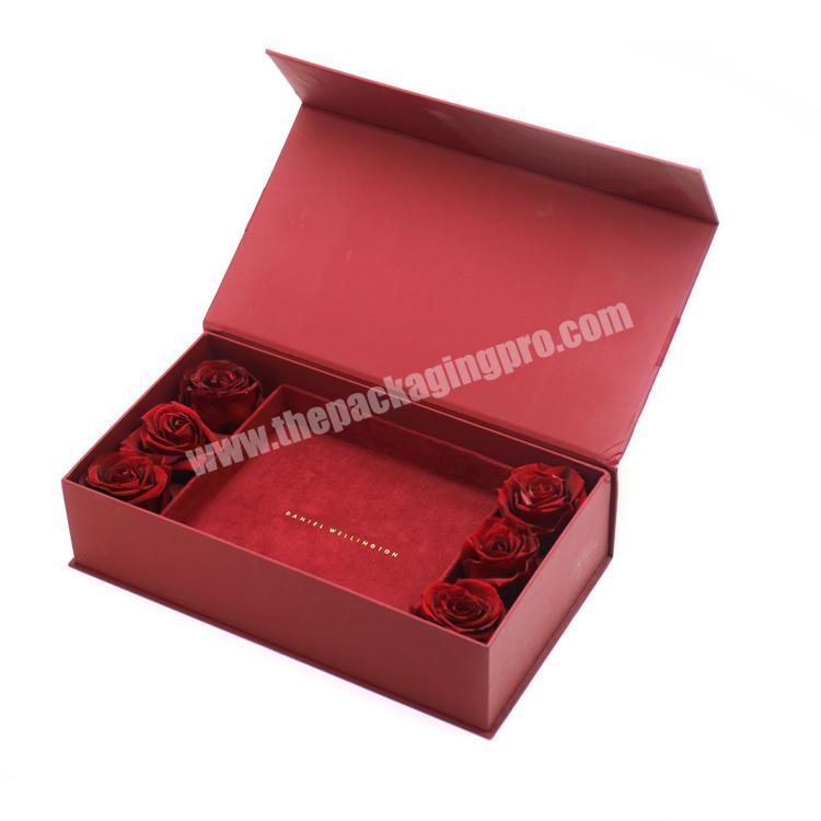 Custom logo bow tie magnetic lid rectangle rigid box gift packing box with faux flower decoration