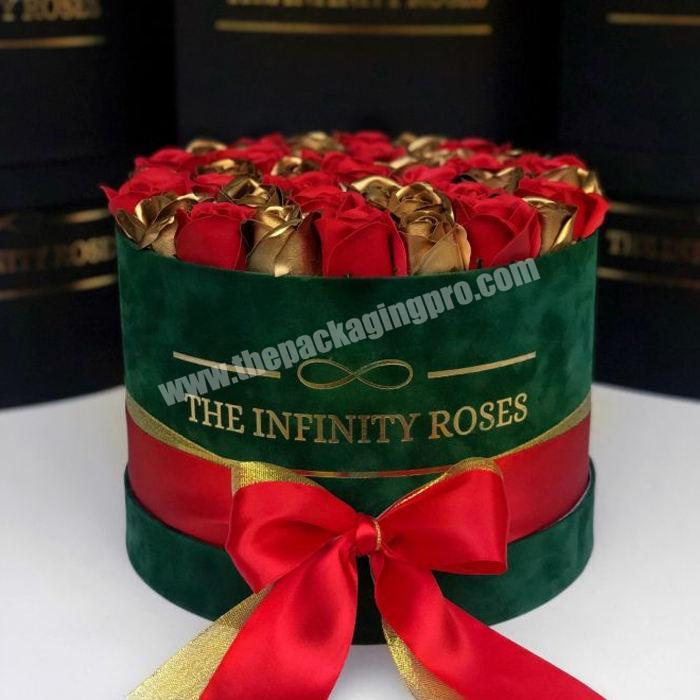 Guangdong Luxury Round Suede Gold Foil Logo Flower Bouquet Gift Packaging Boxes Christmas Velvet Flowers Wrapping Box Wholesale