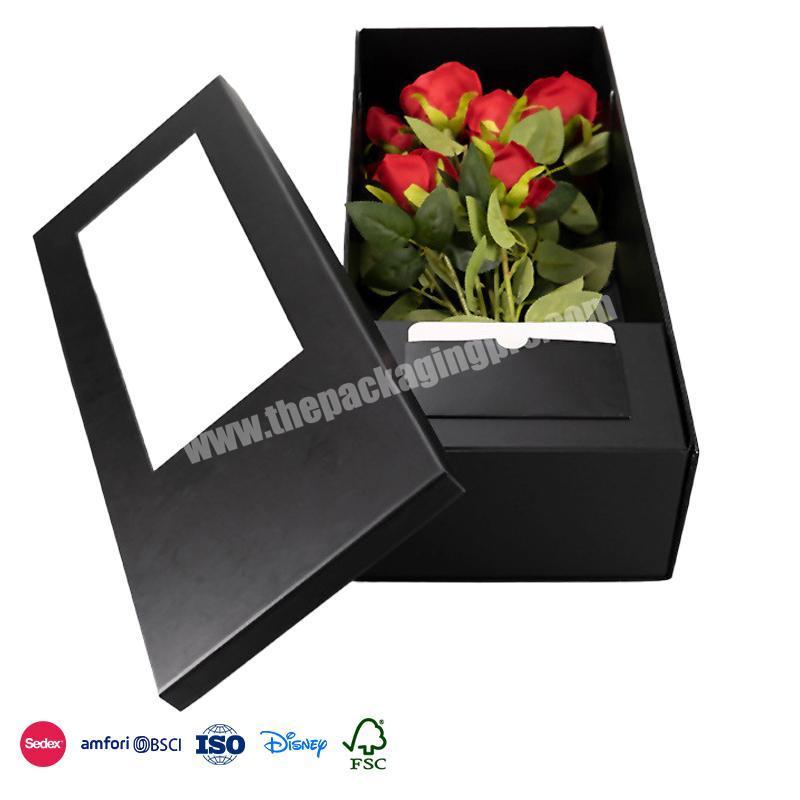 High Quality Custom Wholesale Black with greeting card opening window translucent design folded flower box
