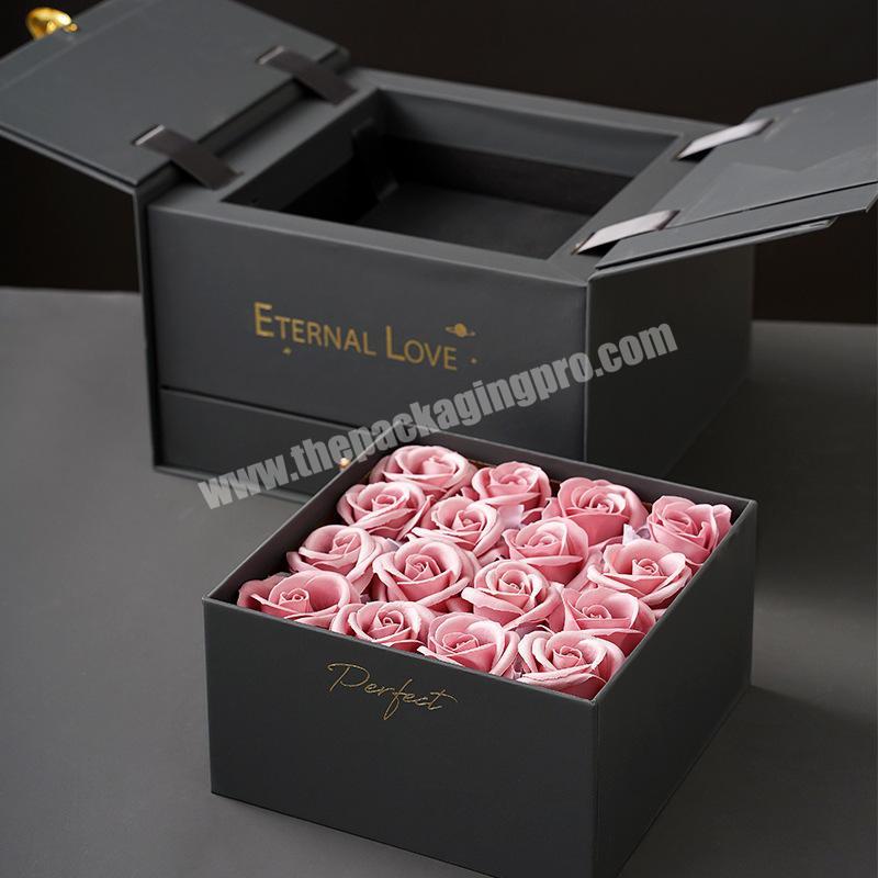 High-end Paper Black Pink Flower Jewelry Double Door Gift Packaging Box With Drawer Packing Mirror Flower Chocolate Gifts Box