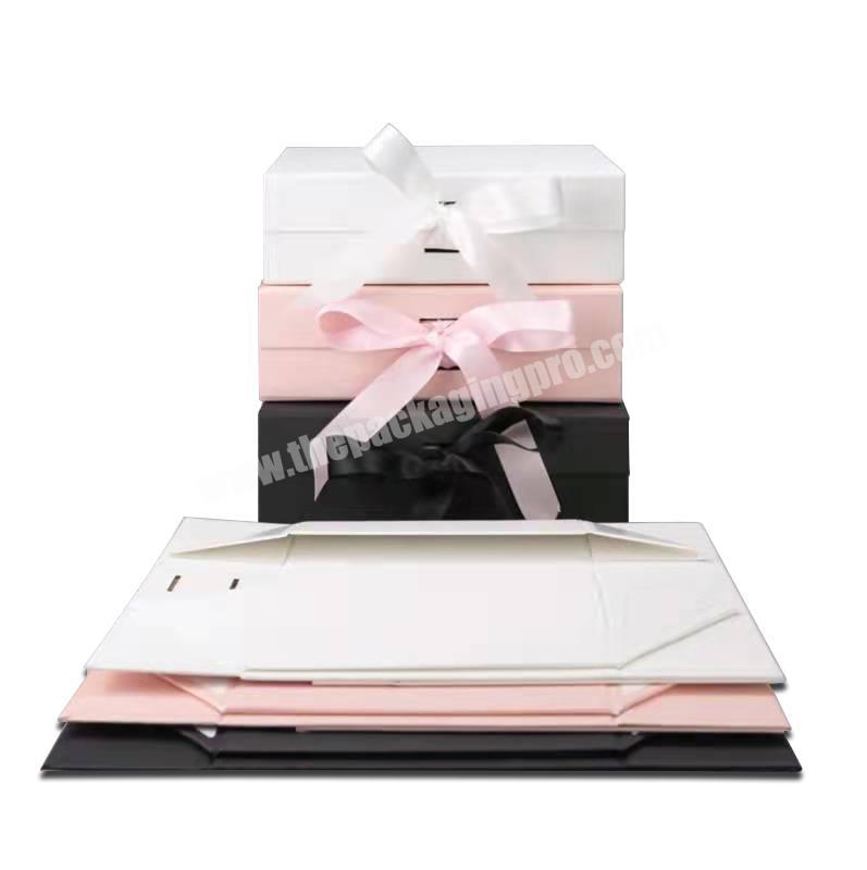 High quality pink cardboard folding gift box bow ribbon jewelry box
