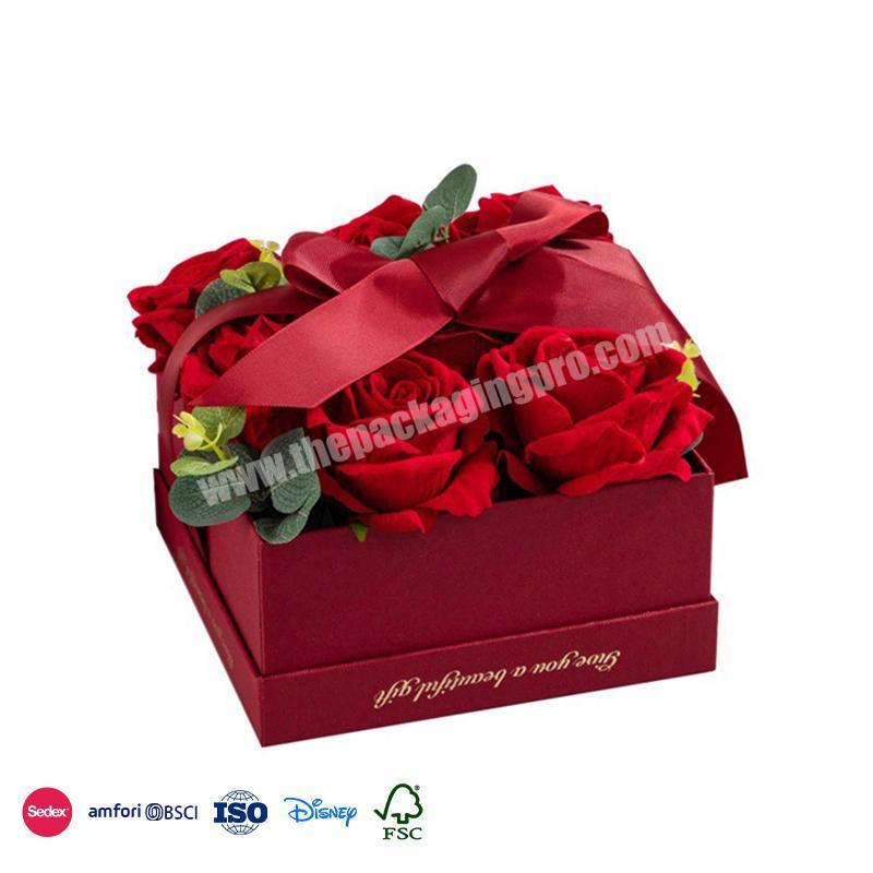 Hight Quality Low Price Red tied square with transparent display cover ribbon design velvet flower box