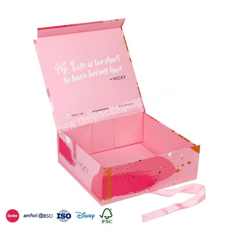 Hight Quality Low Price luxurious Pink girly color large capacity gate fold ribbon box for women cosmetics