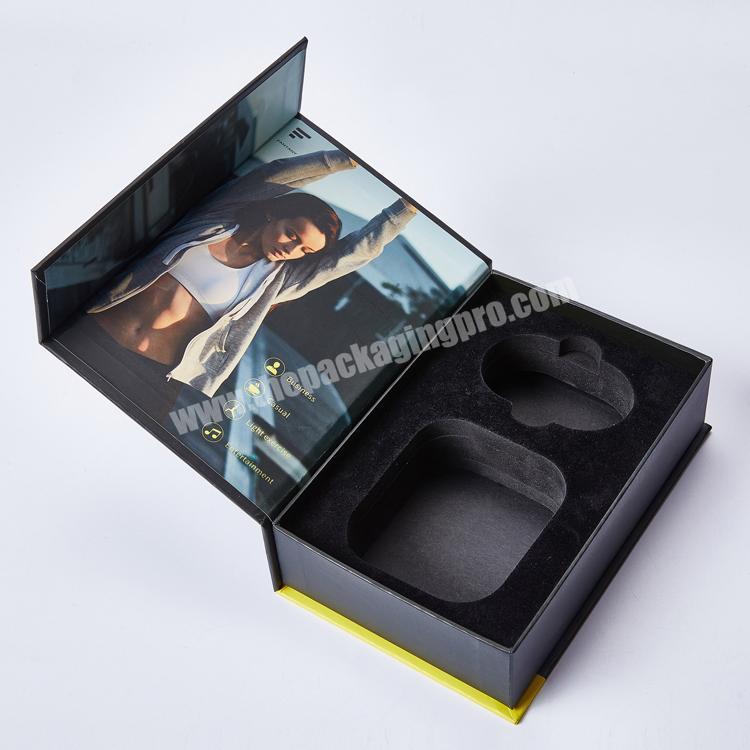 Hight quality black flap magnetic lid wireless headphones earphone hanging packaging box with foam insert