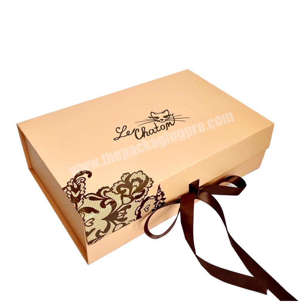 Large Custom Logo Elegant Paperboard Magnetic Flat Folding Paper Gift Box With Ribbon