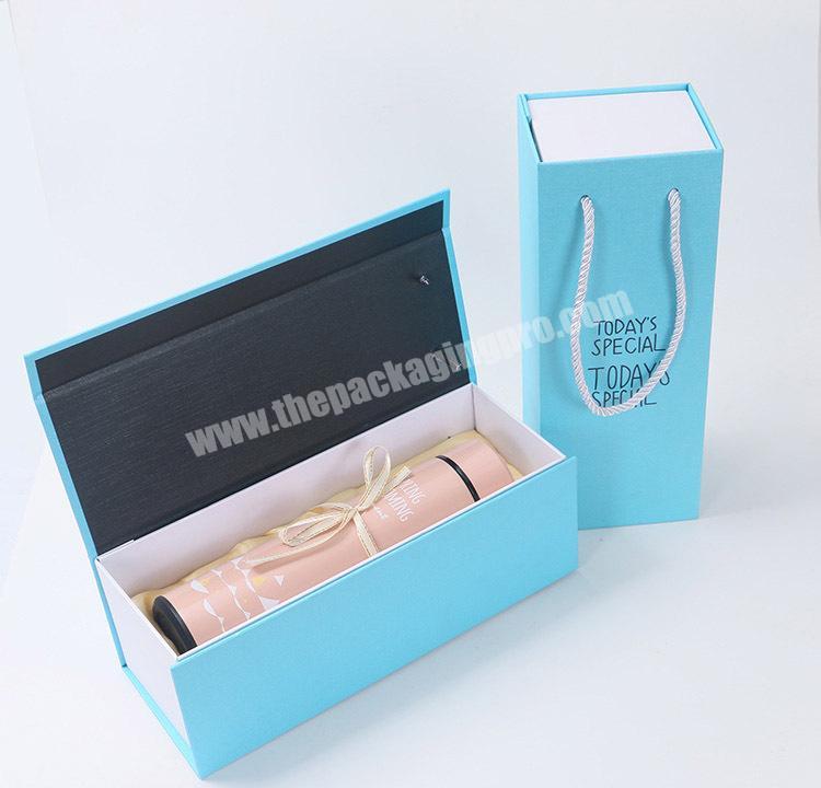 Luxury BLUE fancy magnetic flip top collapsible gift box WINE themoes massage packaging with rope handle