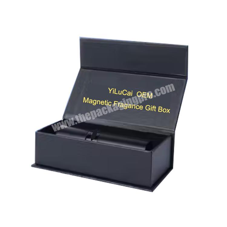 Luxury Cardboard Perfume Fragrance Black Magnetic Cosmetic Packaging Gift Box Custom LOGO
