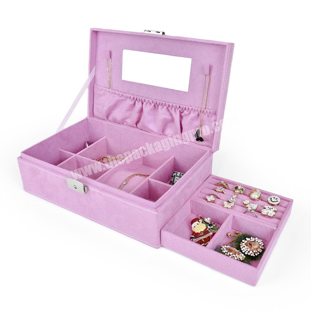 Luxury Custom Logo Pink Double Layer Suede Jewellery Packing Box Jewelry Storage Organizer Box Portable With Lock Display Box
