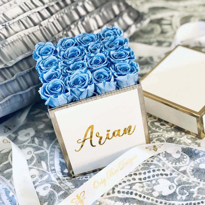 Luxury Gold Foil Edge Square White Paper Bouquet Flower Gift Box Preserved Roses Square Packaging Box With Ribbon Handle