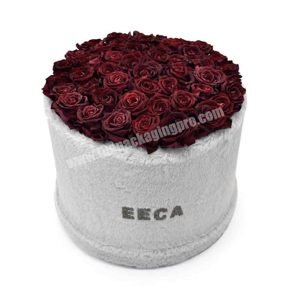 Luxury Large Size Fur Long Pile Velvet Fabric Round Flower Packaging Gift Box With Custom Logo For Flower Packaging