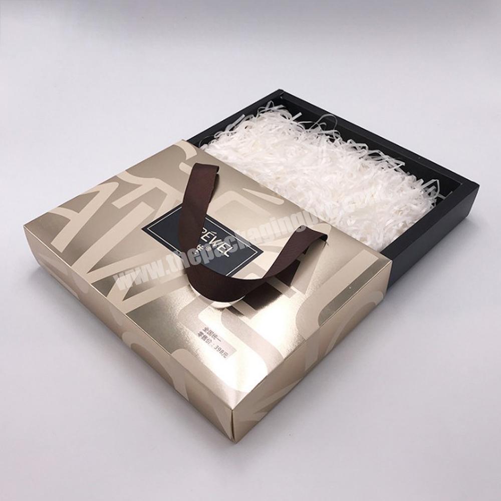 Luxury Printed Paperboard Sliding Drawer Style Clothing Gift Packaging Box with Ribbon Handles