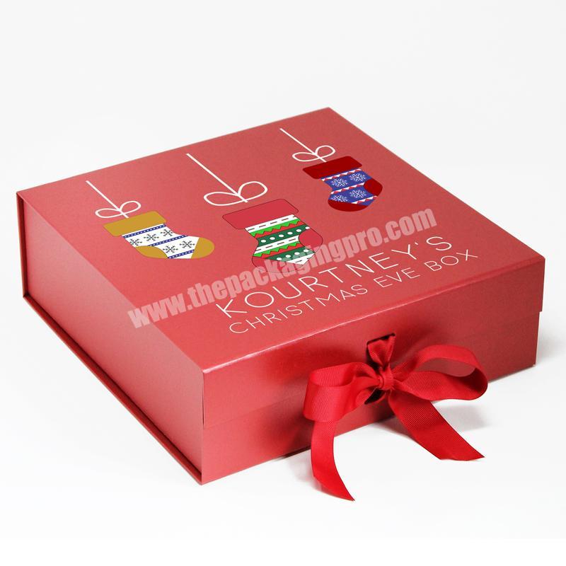 Luxury custom logo cardboard paper flat folding magnetic gift mailer box customized ribbon magnet folding christmas gift box