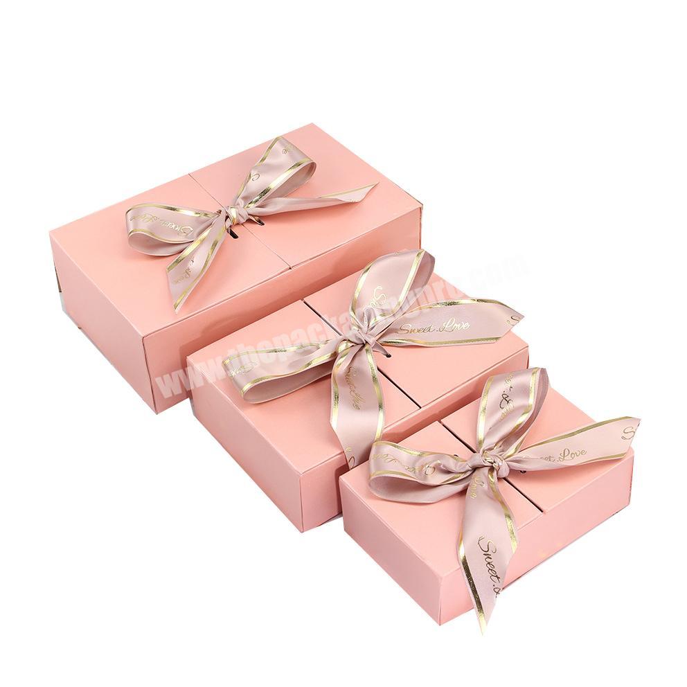 Luxury custom logo printed ribbon bow box wholesale design folding cardboard double door gift box ribbon