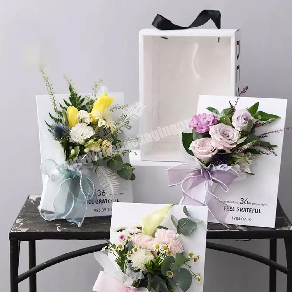 Luxury custom paper flower carrier bag clear plastic acrylic window gift packaging box with handle and logo rose flower gift box