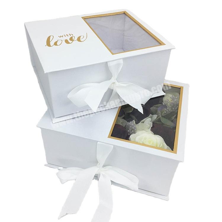 Luxury gold stamping logo cardboard flower gift box valentine's day gifts box with clear window