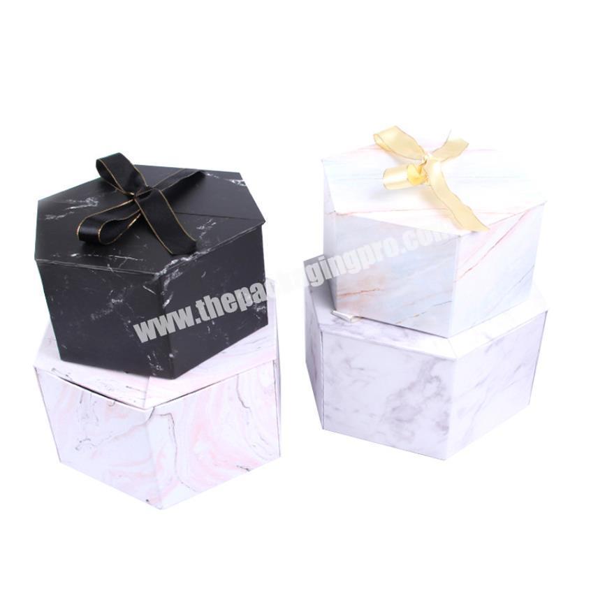 Luxury hexagon shape marble cover flower box packaging with ribbon