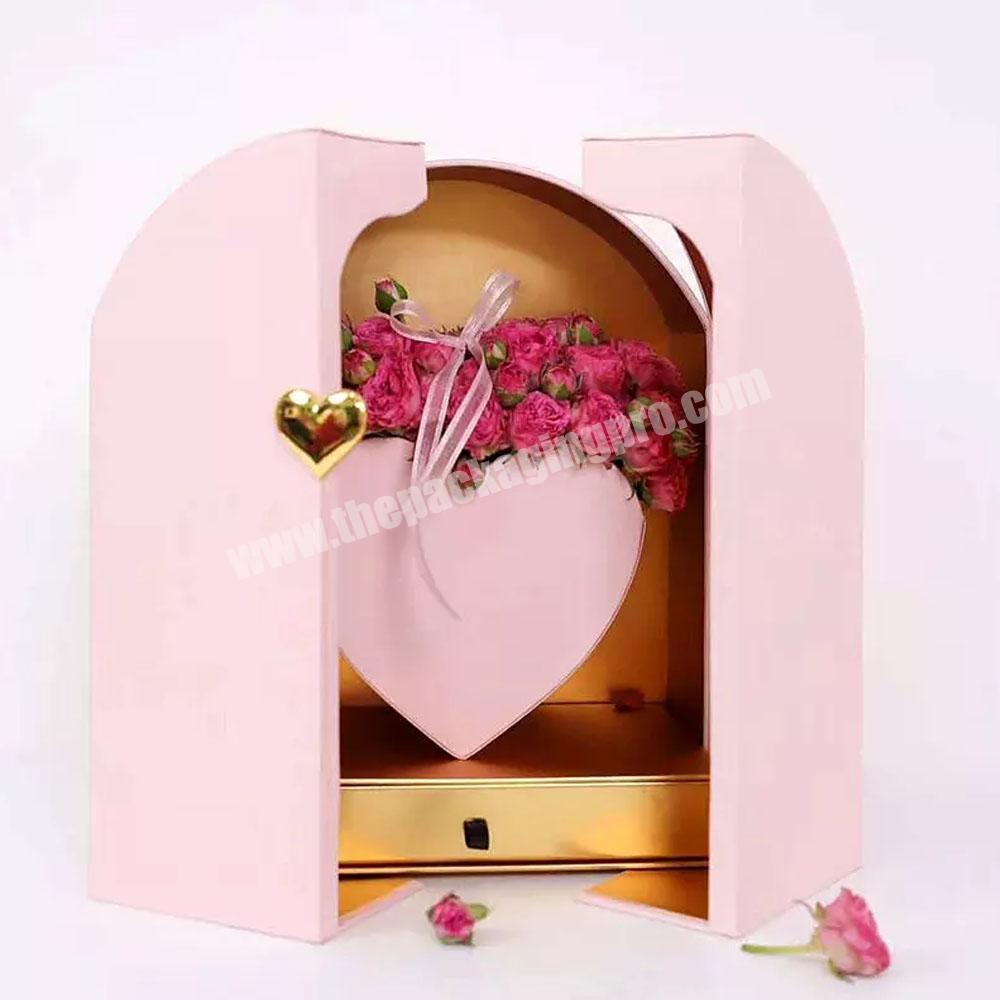 Luxury paper cardboard handbag shape double open door eternal roses flower gift packaging box with ribbon custom flower gift box
