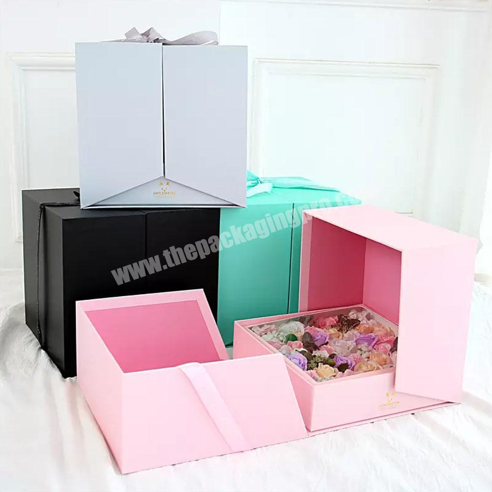 Luxury portable paper flower cake gift box wedding creative double door flower gift packaging box with ribbon flower gift box factory