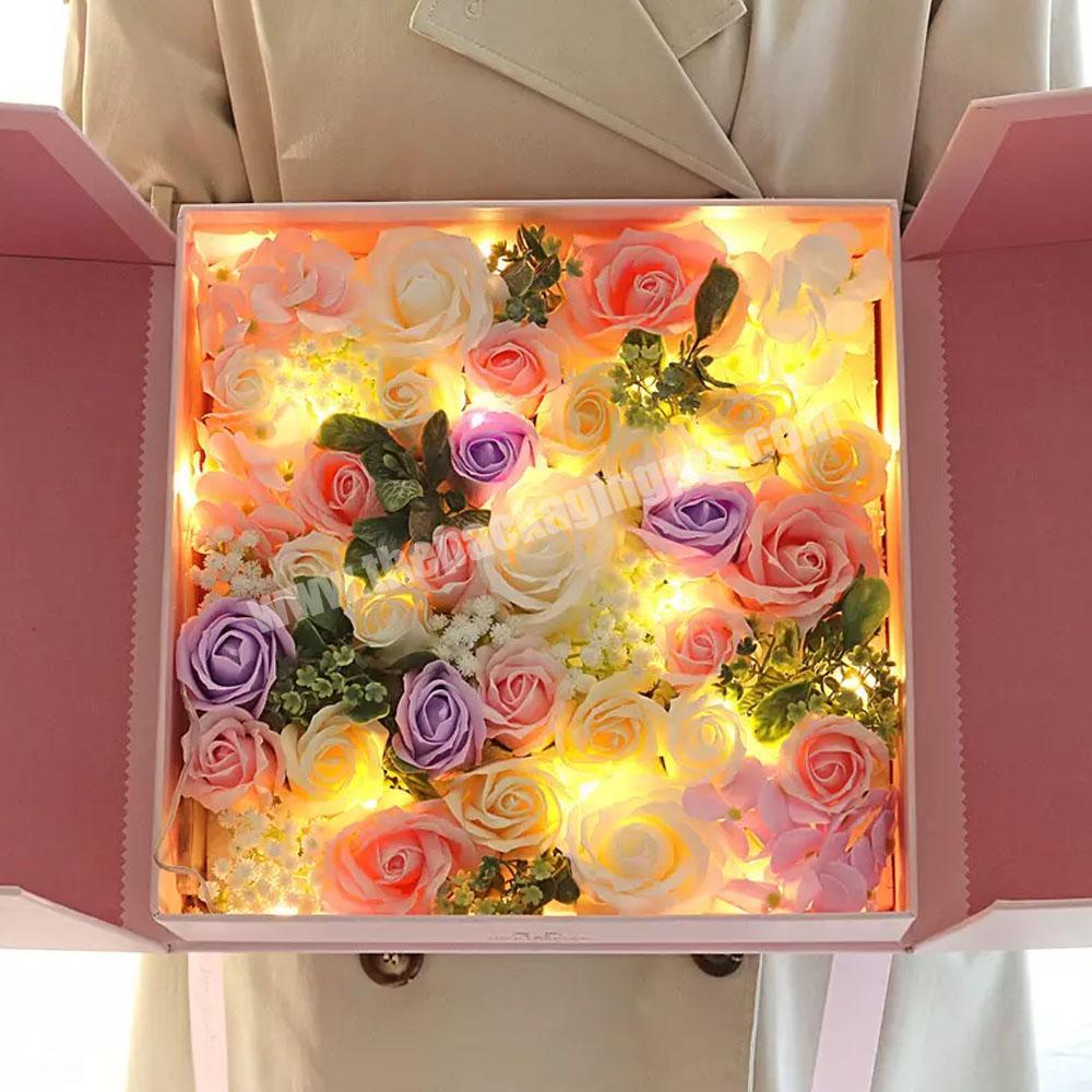 Luxury portable paper flower cake gift box wedding creative double door flower gift packaging box with ribbon flower gift box wholesaler