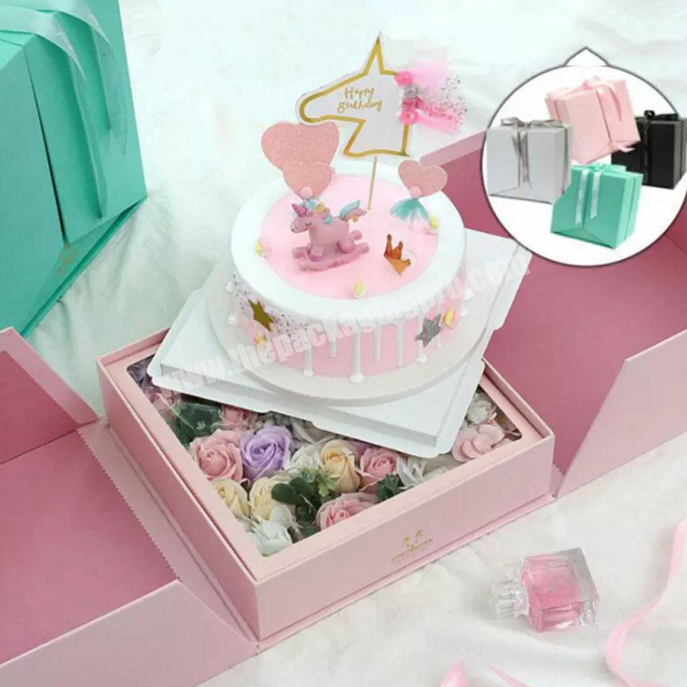 Luxury portable paper flower cake gift box wedding creative double door flower gift packaging box with ribbon flower gift box