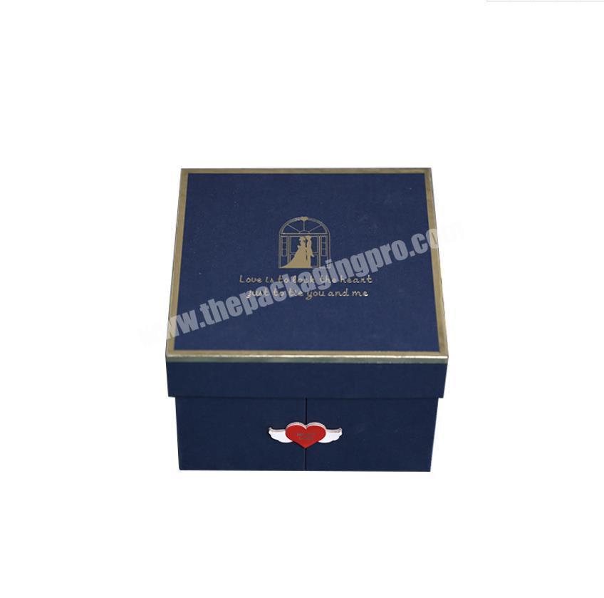 Luxury wedding doubletwo layer gift box for lover of dark blue paperboarod gift box