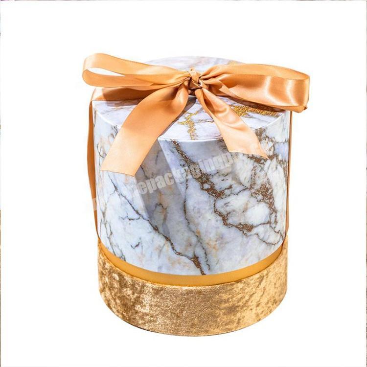 Marble Printing And Velvet Cover Round Box With Ribbon