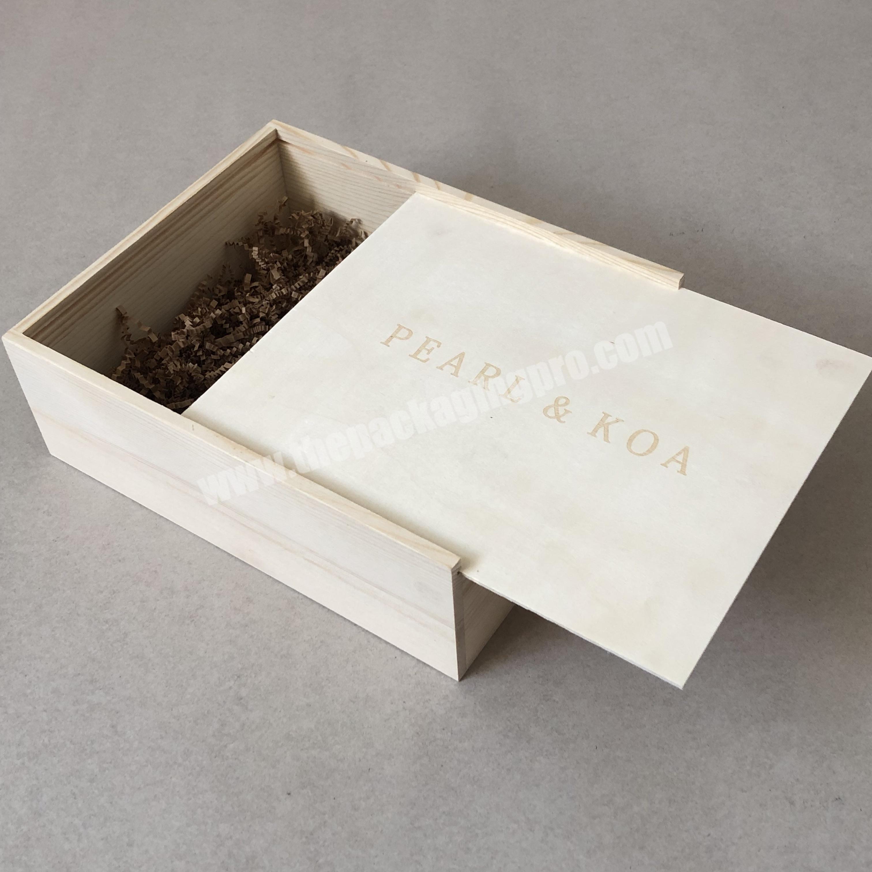 Natural pine wood drawer gift boxes with shred paper