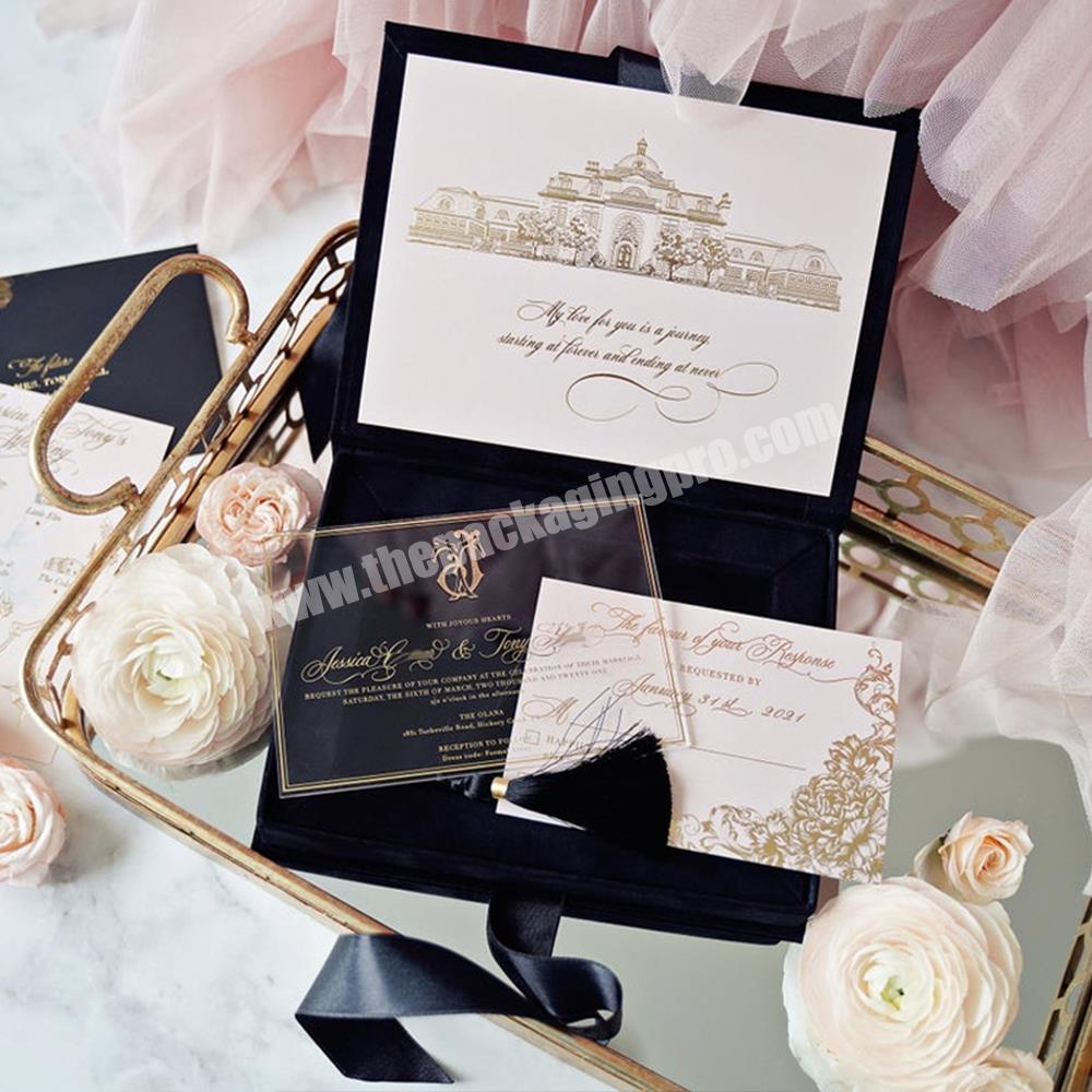 New Arrival Black Velvet Elegant Decoration Bridesmaid Acrylic Invitation Gift Box Cardboard Luxury Wedding Invitation Box