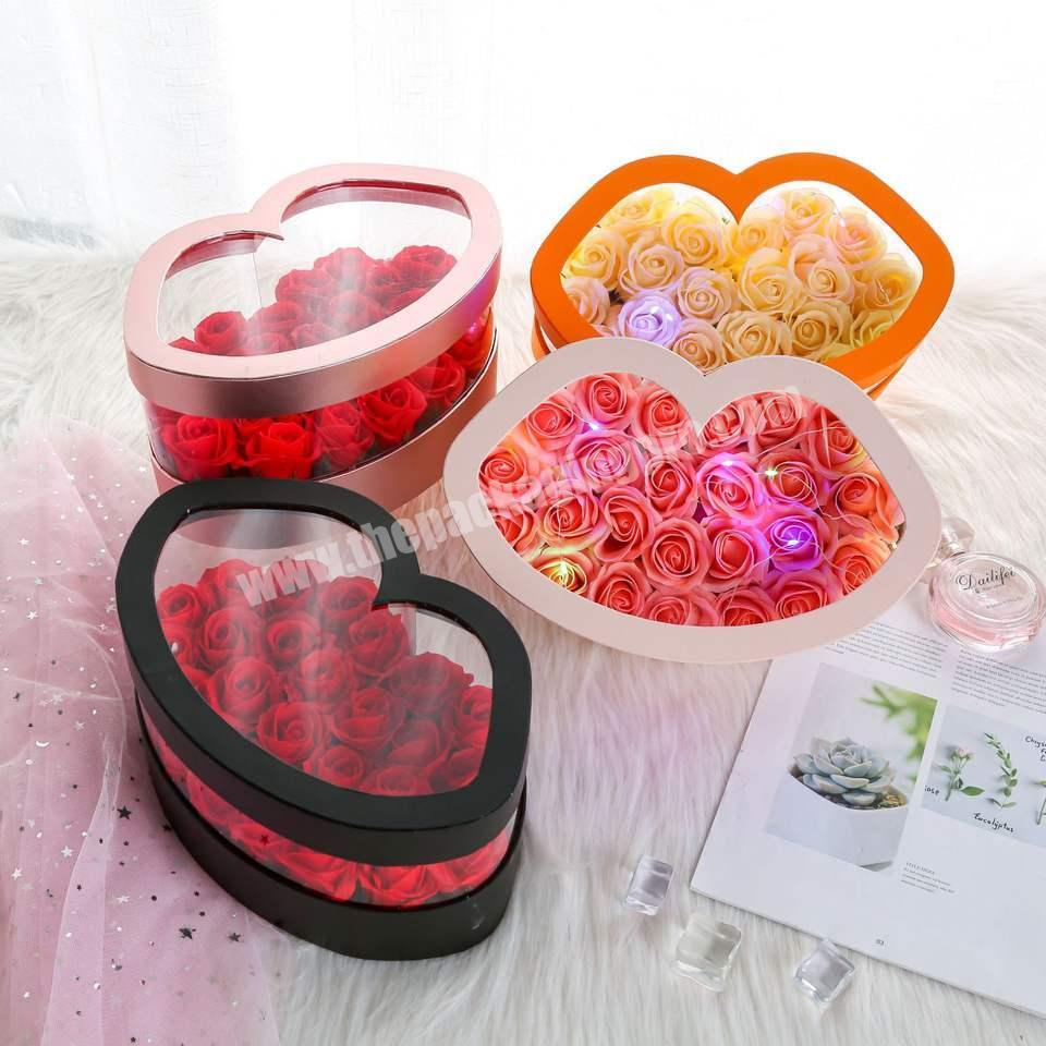 New Arrival Valentine's Day Kiss Lip Shape Paper Wedding Flower Packaging Gift Box Cardboard Rose Box With Clear Pvc Top