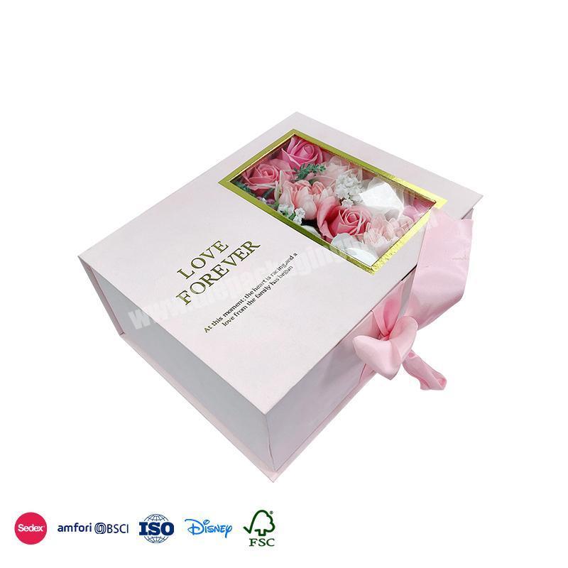New Trend Product Custom Pink with Small Display Window Flip Ribbon Fastening rose soap flower gift box