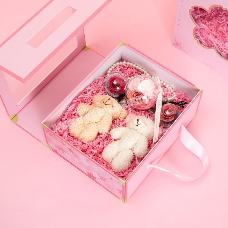New arrival wholesale pink  foldable flat paper board magnetic package box with Clear window