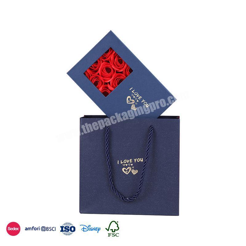Newest Design Navy Blue With Small Window Design With Tote Bag preserved rose flower packaging jewelry box