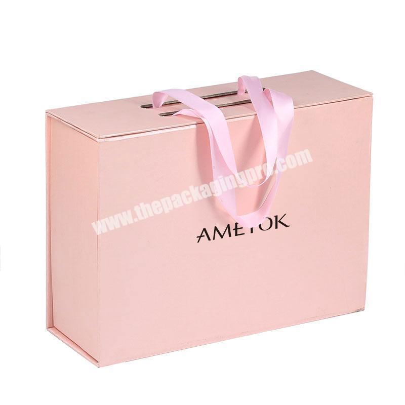 Wholesale Custom Foldable Cardboard Handbag Packaging Pink Personalised Folding Shoe Box with Ribbon Handle
