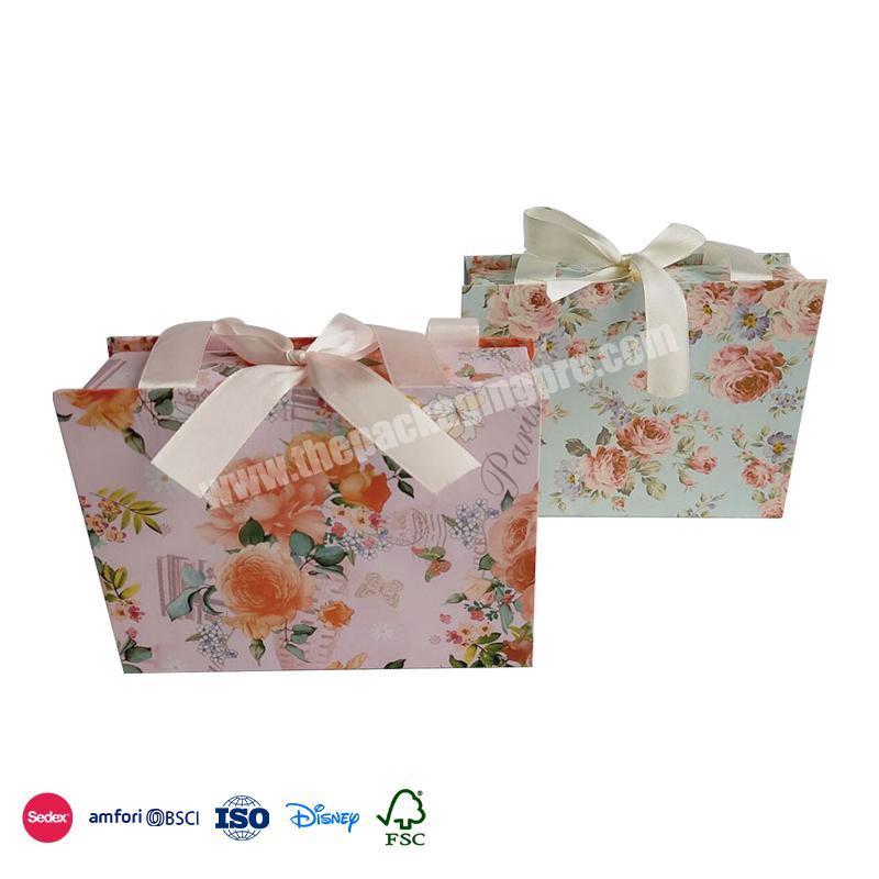 Online Shop Hot Sale Fresh natural color tie bright flower design ribbon rigid cardboard box for ladies gift