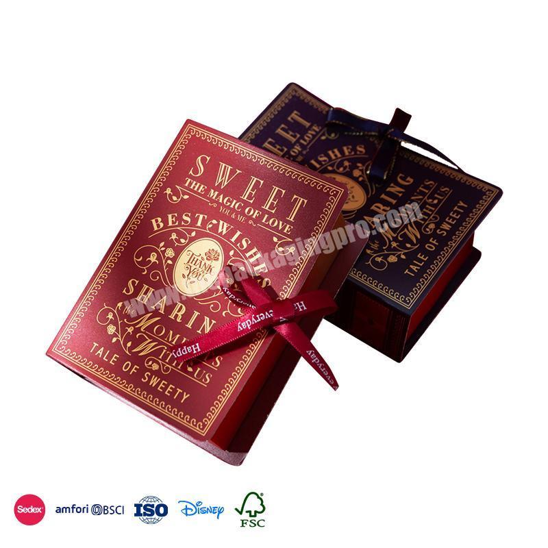Online Shop Hot Selling Red Blue Book Flip Design folding box with ribbon wedding gift box packaging