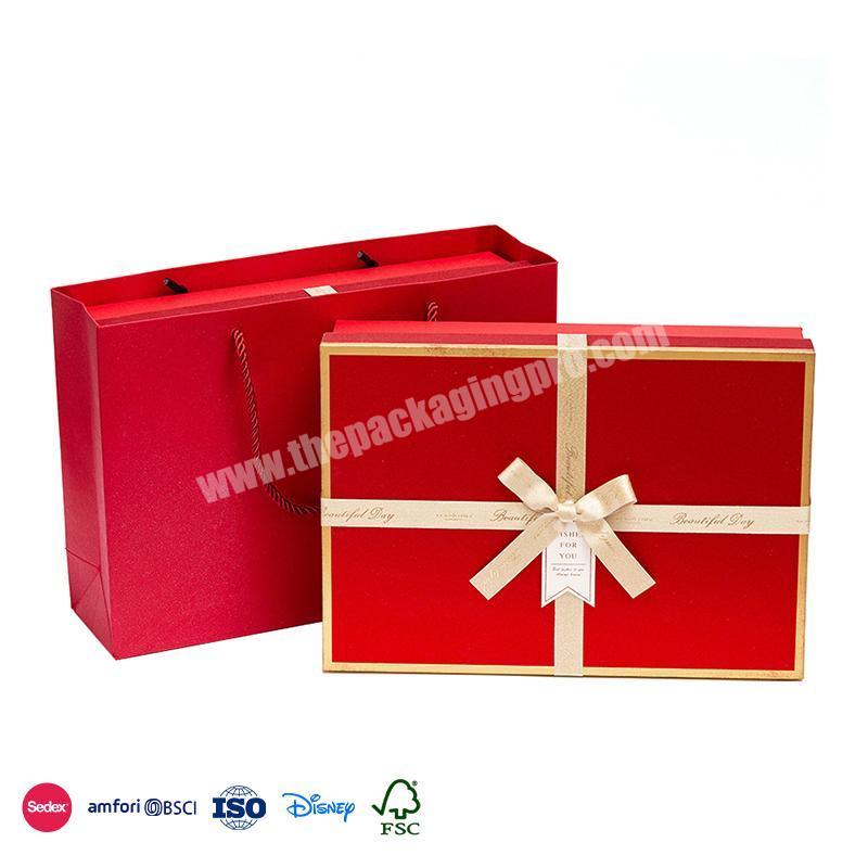 Online Shop Hot Selling Red Gold Trim with Gold Bow with Same Tote Bag large packing box for wedding cake