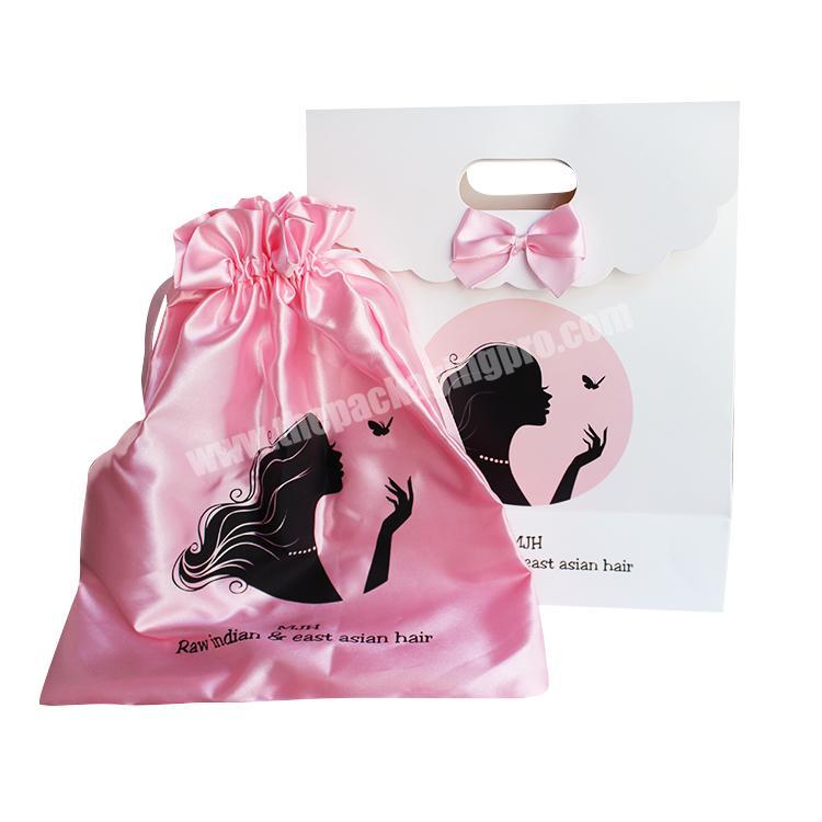 Pink Satin Draw String Silk Hair Bag Custom Logo Wig Bags