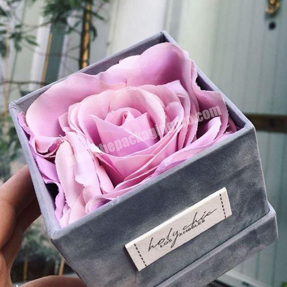 Romantic design valentines square hat flower candy velvet jewellery box custom logo luxury rose gift packaging velvet flower box