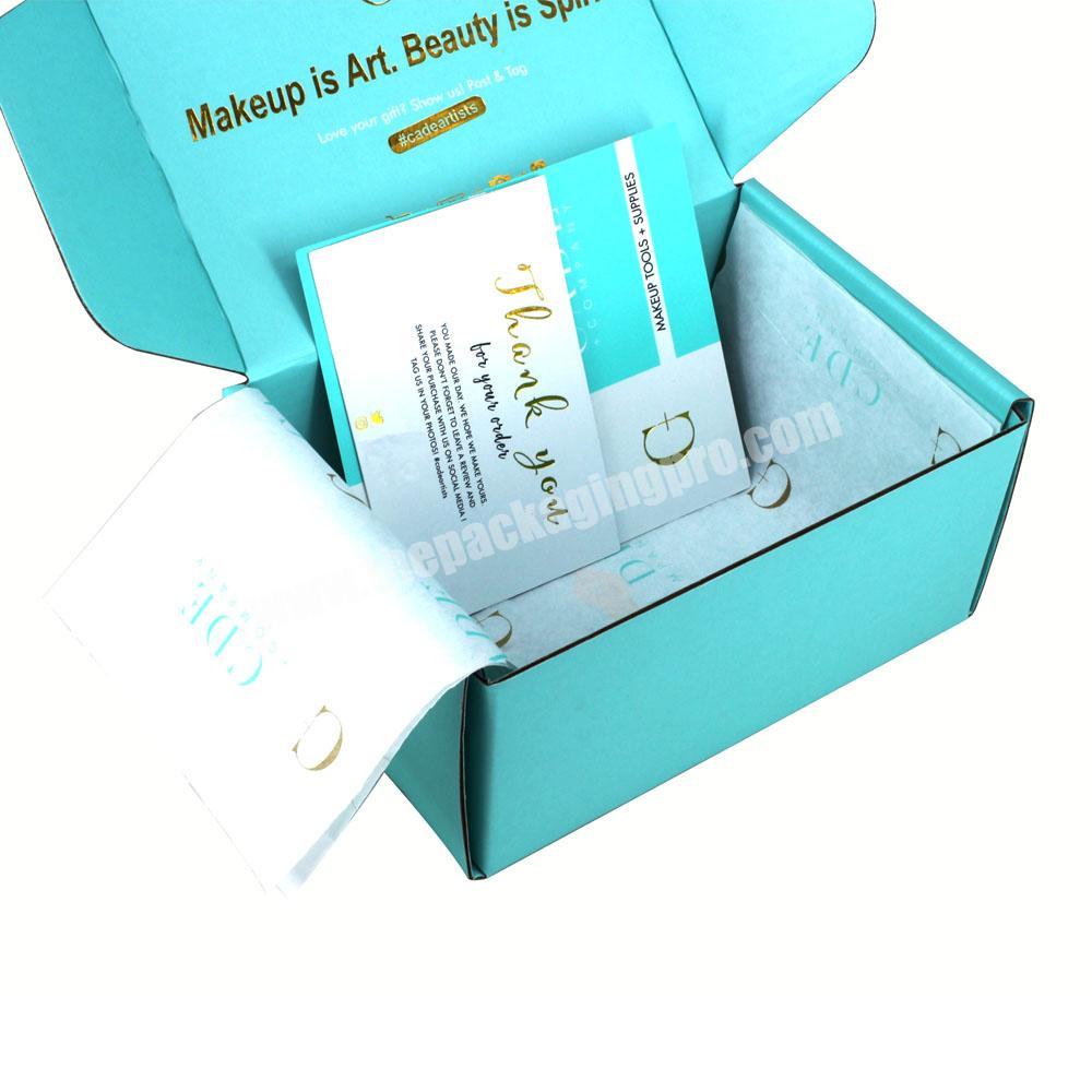 Turquois Color Folding Cosmetic Package E Flute Corrugated Makeup Supplies Box With Tissue Paper and Thank You Gift Card