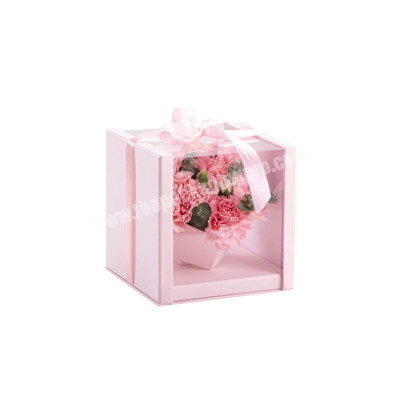Wholesale Cardboard Plastic Lid Luxury Flower Box Transparent Windows Rose Gift Packaging Pink with Custom Logo Grey Board Free
