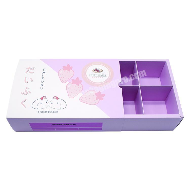 Wholesale Custom Print Pink Japanese Mochi Cake Truffle Packaging Box Sliding Open Box with Dividers for Mochi Packaging