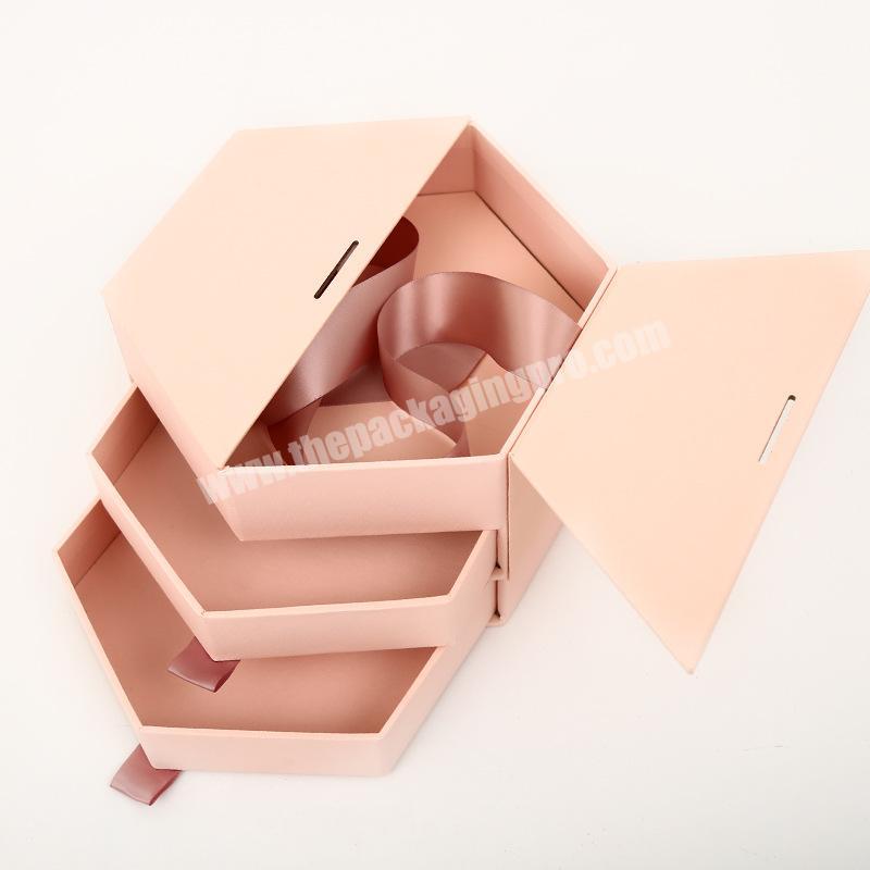Wholesale Hnad Made Custom Design Three-layer Hexagonal Hard Cardboard Pink Paper Gift Boxes With Ribbon Tie For Sweet Gift