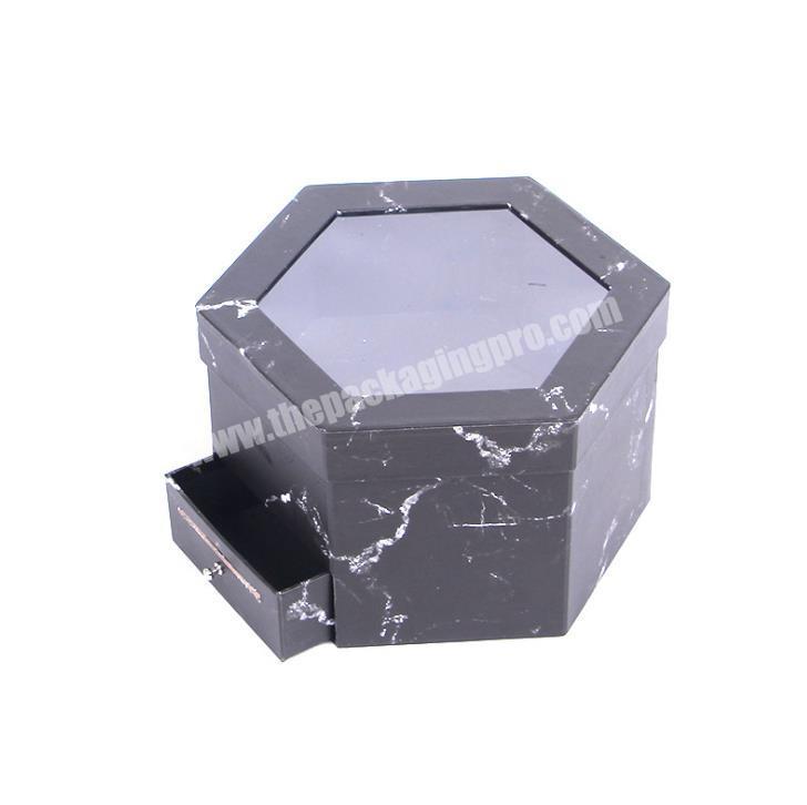 Wholesale custom double layer black  marble printing hexagon gift box with drawer case and PVC window