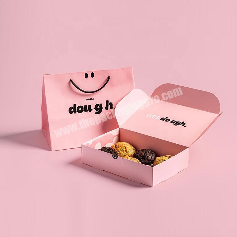 Wholesale custom logo biodegradable food grade pink paper mochi donut packaging fast food delivery cookie boxes with bags