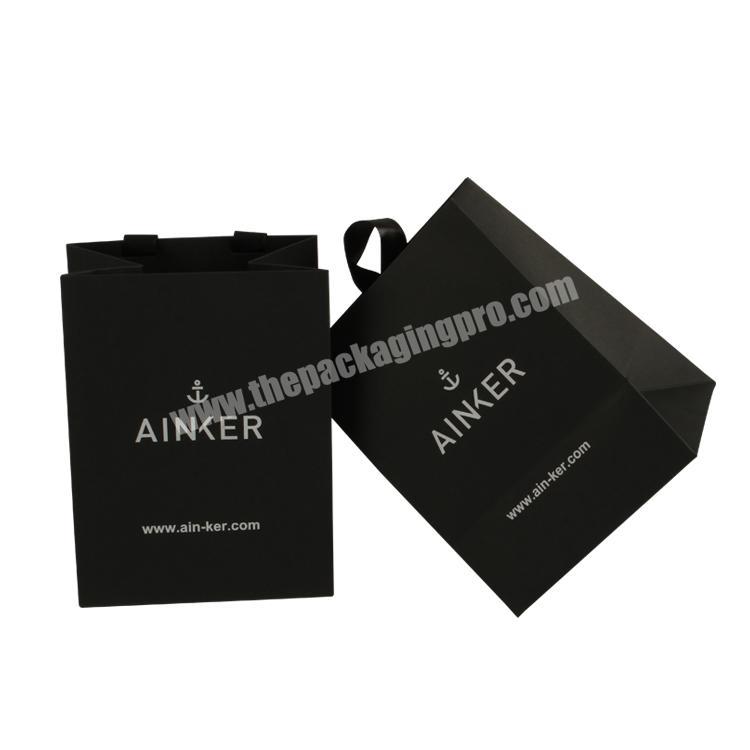 Yilucai Luxury Matt Black Paper Bag with Custom Logo White Stamping and Black Ribbon Handle for Watch