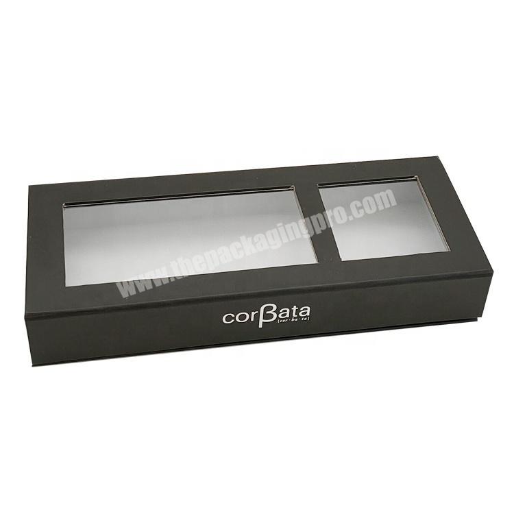 luxury black matte magnetic closure customized logo clear window rigid paper cardboard gift packaging socks custom box